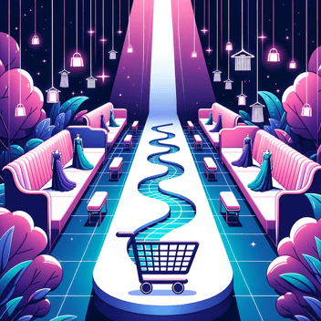 Illustration of a fashion runway transforming into a digital shopping cart path, symbolizing the journey of seasonal fashion trends to online shopping platforms.