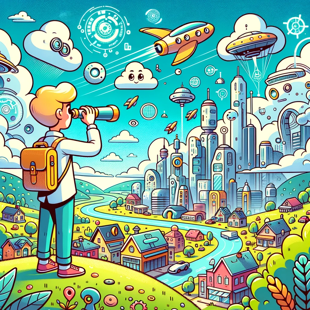 DALL·E 2023-10-15 16.24.31 - Cartoon illustration in a lively, detailed, and cheerful style of a character standing on a hilltop, gazing towards a horizon filled with futuristic b