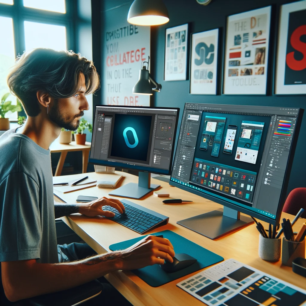 DALL·E 2024-01-05 10.37.38 - A digital designer working in a modern office environment on a dual-screen setup. On one screen, the designer has Adobe Photoshop open, displaying adv