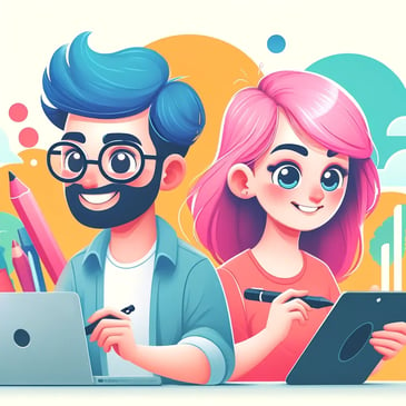 Whimsical illustration of modern web designers collaborating: a man with glasses and blue hair working on a laptop, and a woman with pink hair using a tablet and stylus. This playful, colorful image emphasizes creativity and teamwork, highlighting the theme of the blog post comparing Figma and Adobe XD for web design